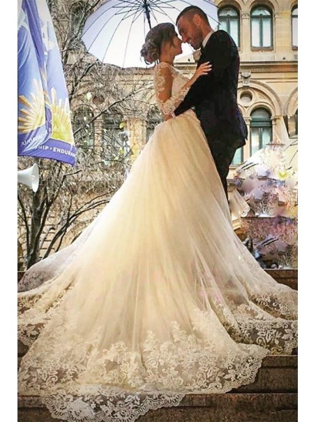Long Sleeves V-Neck Lace Wedding Dresses Bridal Gowns 99603056