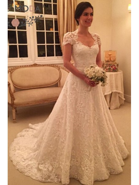 A-Line Short Sleeves Lace Wedding Dresses Bridal Gowns 99603058
