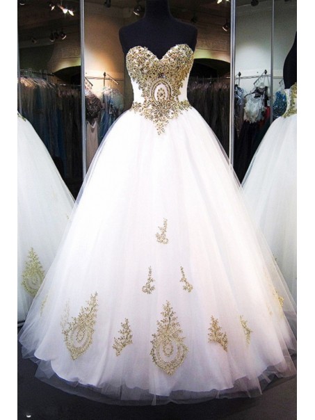 Ball Gown Sweetheart Gold Lace Appliques Wedding Dresses Bridal Gowns 99603065