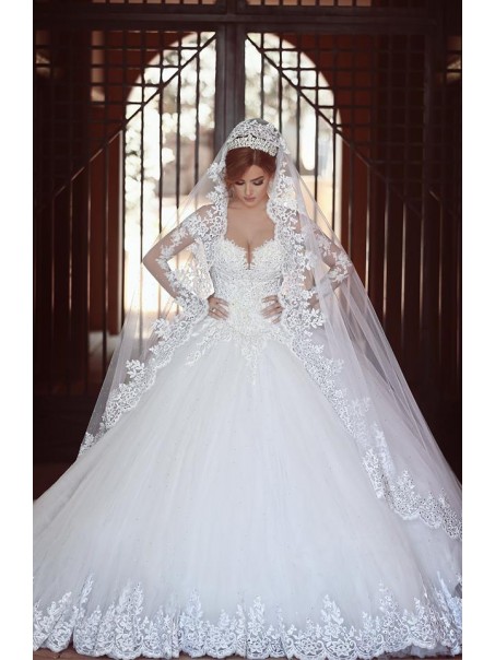 Long Sleeves Lace Tulle Ball Gown Wedding Dresses Bridal Gowns 99603085