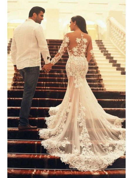 Long Sleeves Lace Sheer Mermaid Wedding Dresses Bridal Gowns 99603087