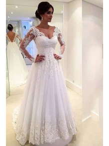 A-Line Long Sleeves Lace V-Neck Wedding Dresses Bridal Gowns 99603095
