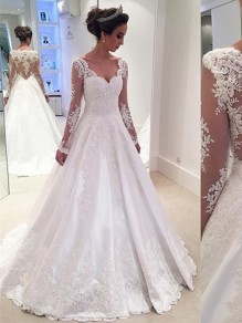 A-Line Long Sleeves Lace V-Neck Wedding Dresses Bridal Gowns 99603096 A-Line Long Sleeves Lace V-Neck Wedding Dresses Bridal Gowns 99603096