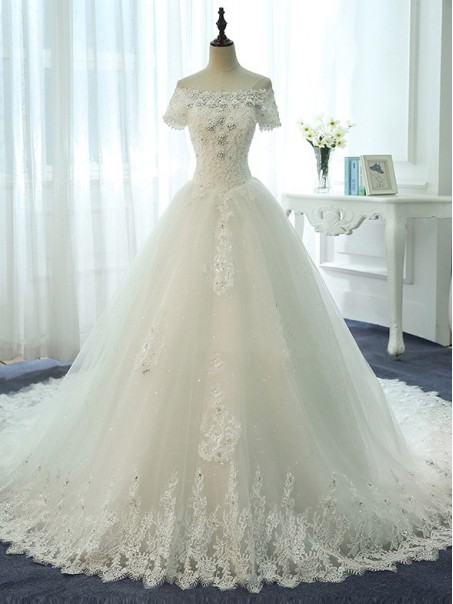 Short Sleeves Off-the-Shoulder Lace Sparkly Wedding Dresses Bridal Gowns 99603130 Short Sleeves Off-the-Shoulder Lace Sparkly Wedding Dresses Bridal Gowns 99603130