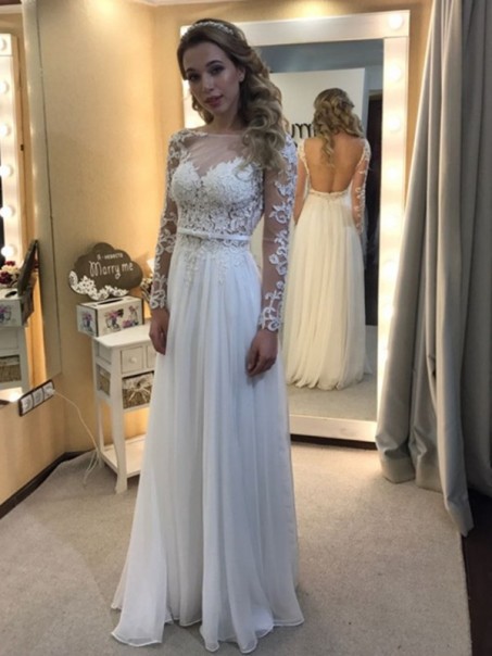 Long Sleeves Lace Chiffon Backless Wedding Dresses Bridal Gowns 99603134
