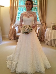 A-Line High Neck Long Sleeves Keyhole Back Lace Wedding Dresses Bridal Gowns 99603148 A-Line High Neck Long Sleeves Keyhole Back Lace Wedding Dresses Bridal Gowns 99603148