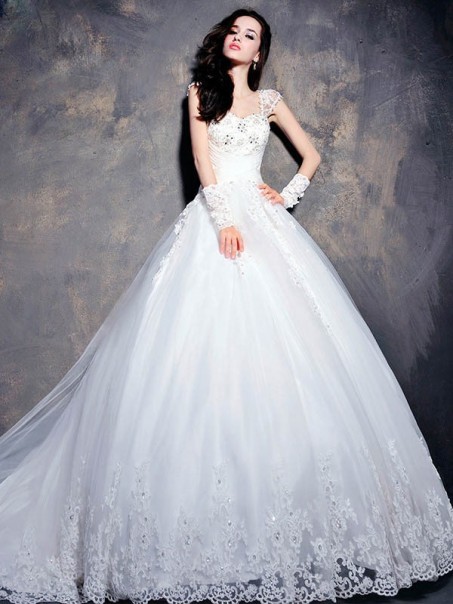 Ball Gown Cap Sleeves Lace Wedding Dresses Bridal Gowns 99603196