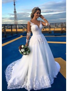 A-Line Long Sleeves Lace Illusion Bodice Wedding Dresses Bridal Gowns 99603256 A-Line Long Sleeves Lace Illusion Bodice Wedding Dresses Bridal Gowns 99603256