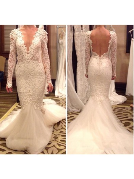 Sexy Long Sleeves Low V-Neck Open Back Wedding Dresses Bridal Gowns 99603260