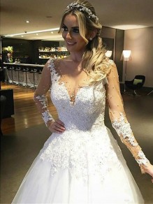 A-Line Long Sleeves Lace Sheer Wedding Dresses Bridal Gowns 99603262 A-Line Long Sleeves Lace Sheer Wedding Dresses Bridal Gowns 99603262