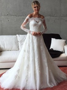 A-Line Long Sleeves Lace Off the Shoulder Wedding Dresses Bridal Gowns 99603264 A-Line Long Sleeves Lace Off the Shoulder Wedding Dresses Bridal Gowns 99603264