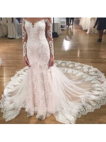 Long Sleeves Lace Mermaid Illusion Bodice Wedding Dresses Bridal Gowns 99603293