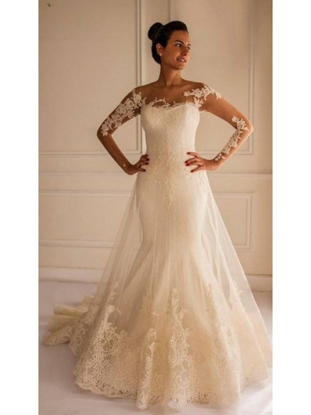 Long Sleeves Lace Mermaid Illusion Bodice Wedding Dresses Bridal Gowns 99603294