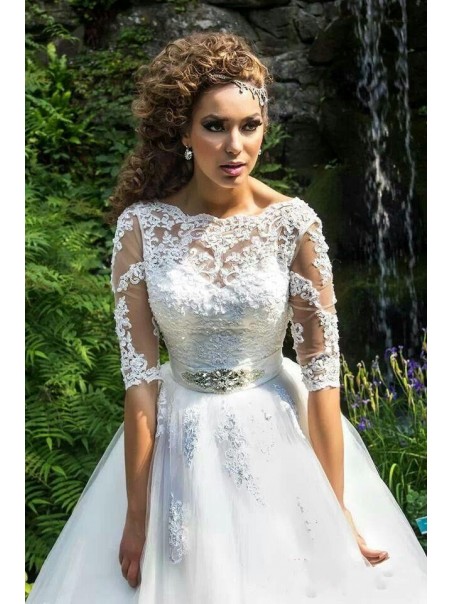 Bateau Neckline Half Sleeves Lace Wedding Dresses Bridal Gowns 99603303