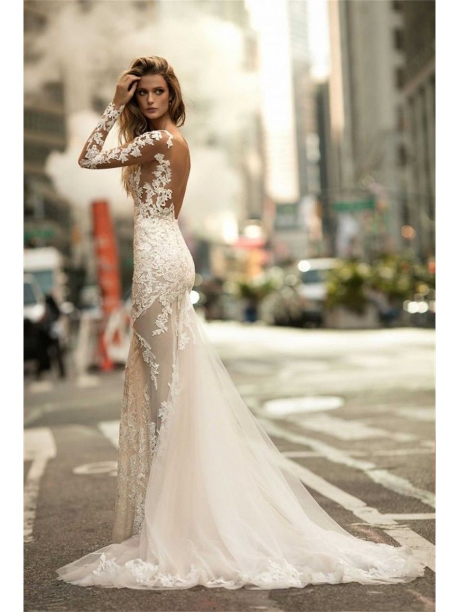 sheer lace wedding gown