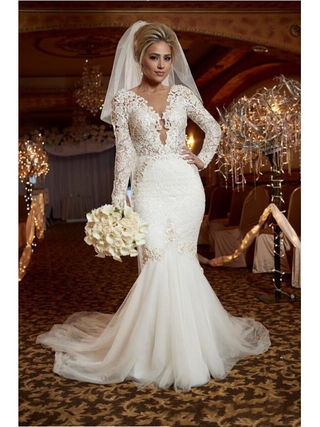 Sexy Mermaid Long Sleeves Lace Wedding Dresses Bridal Gowns 99603321