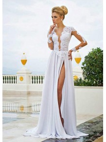 Long Sleeve High Slit Lace Chiffon Wedding Dresses Bridal Gowns 99603326 Long Sleeve High Slit Lace Chiffon Wedding Dresses Bridal Gowns 99603326