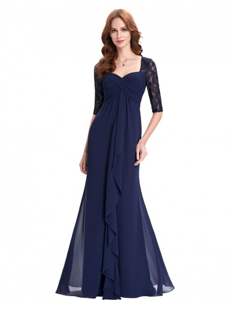 Long Navy Blue Half Sleeves Lace Chiffon Mother of The Bride Dresses 99605001