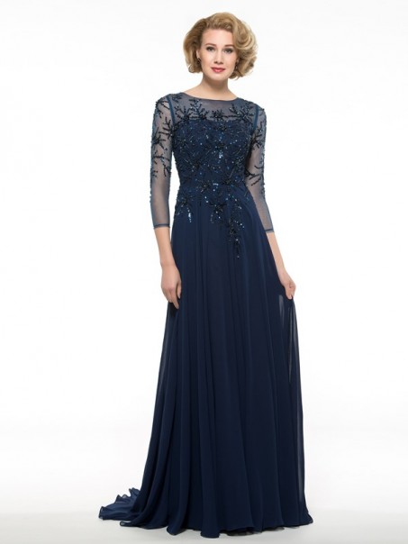 Long Navy Blue 3/4 Length Sleeves Beaded Chiffon Mother of The Bride Dresses 99605002