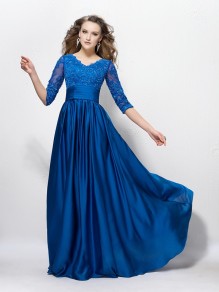 A-Line Long Blue V-Neck 3/4 Length Sleeves Lace Mother of The Bride Dresses 99605007