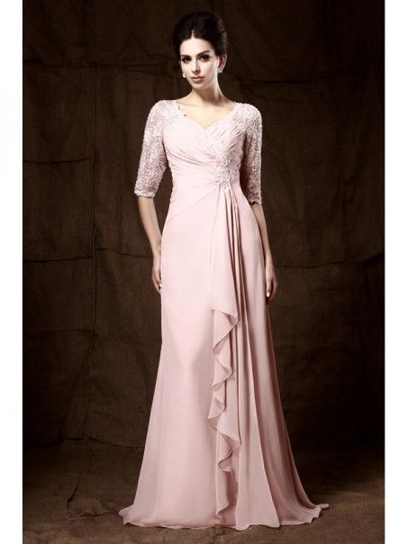 Long Pink Lace Chiffon Half Sleeves Floor Length Mother of The Bride Dresses 99605009