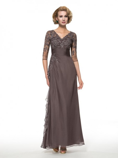 Long V-Neck Lace Chiffon 3/4 Length Sleeves Mother of The Bride Dresses 99605013 Long V-Neck Lace Chiffon 3/4 Length Sleeves Mother of The Bride Dresses 99605013