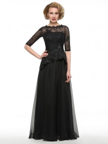 Long Black 3/4 Length Sleeves Lace Chiffon Mother of The Bride Dresses 99605017