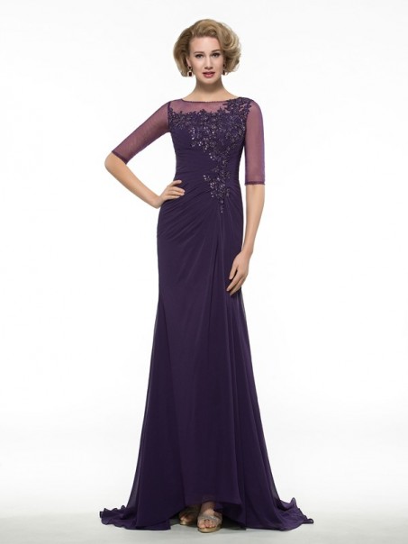 Half Sleeves Illusion Neckline Lace Chiffon Long Purple Mother of The Bride Dresses 99605020