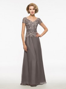 A-Line Short Sleeves Lace Chiffon V-Neck Mother of The Bride Dresses 99605021