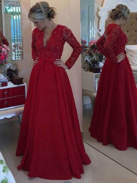 Long Red Long Sleeves Low V-Neck Lace Long Mother of The Bride Dresses 99605031 Long Red Long Sleeves Low V-Neck Lace Long Mother of The Bride Dresses 99605031