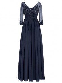 Long Navy 3/4 Length Sleeves Lace Chiffon Long Mother of The Bride Dresses 99605036