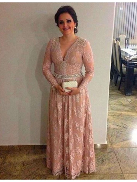 Elegant Long Sleeves V-Neck Beaded Lace Mother of The Bride and Groom Dresses 99605046
