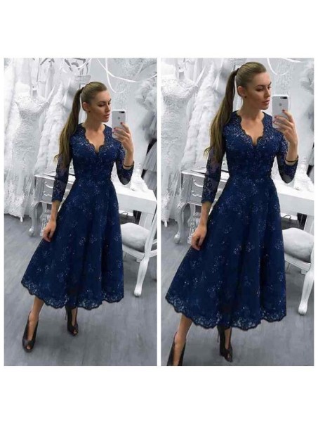 A-Line Tea Length V-Neck Mother of The Bride Dresses with Beads and Lace Appliques 99605143