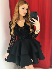 Short Black Prom Dress Long Sleeves Lace Homecoming Graduation Cocktail Dresses 99701163
