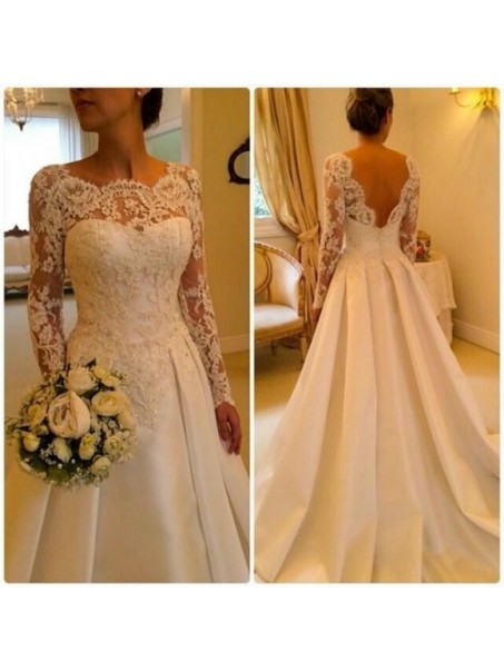 Exquisite A-Line Long Sleeve Court Train Lace Backless Wedding Dresses 99901076 Exquisite A-Line Long Sleeve Court Train Lace Backless Wedding Dresses 99901076