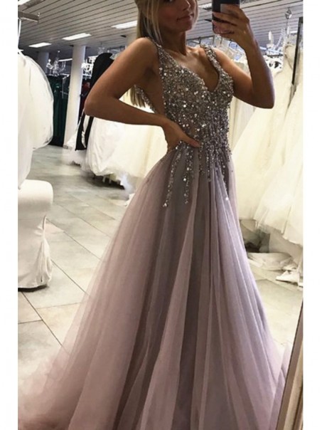 Sexy Side Split Prom Dresses Sleeveless Tulle Evening Long Party Dresses 99901026